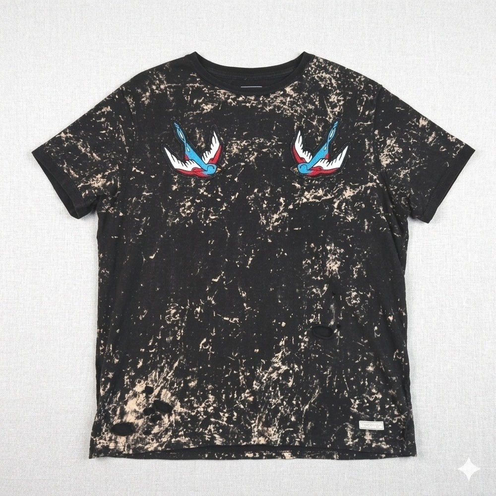 G by GUESS Graphic Tee Mens L Acid Wash Distressed Tattoo Birds Y2K Grunge
